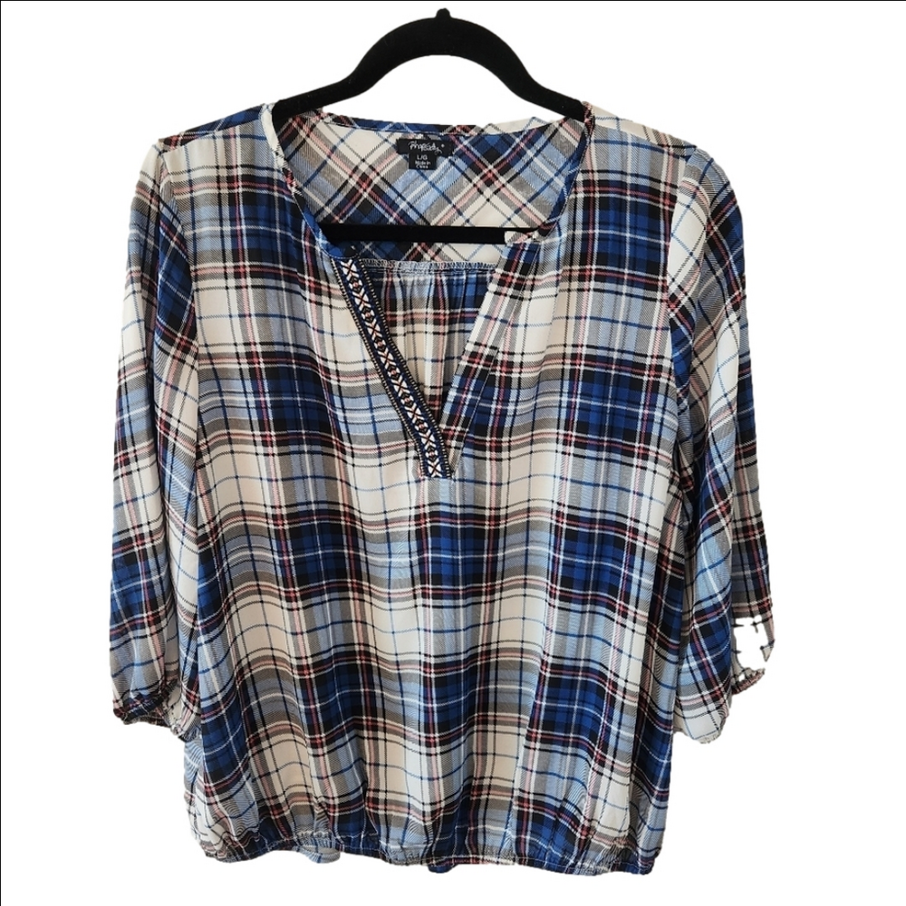 RHAPSODY PLAID BLOUSE WITH EMBROIDERY - SIZE LARGE - EUC